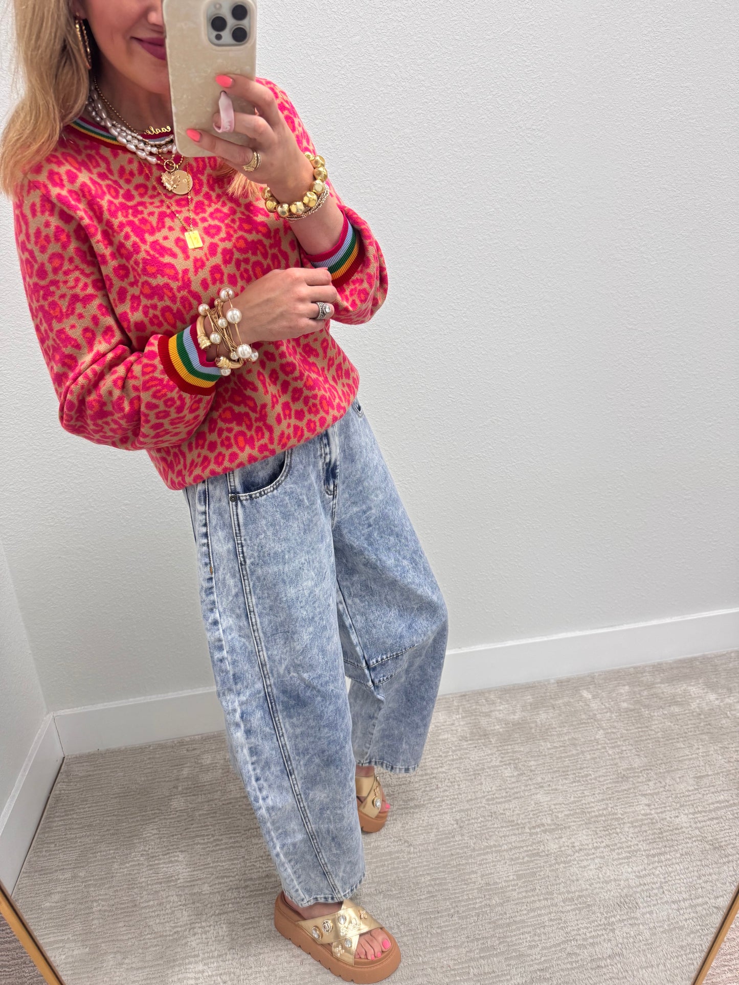Aug11- Hot Pink Leopard Colorful Trim Sweater