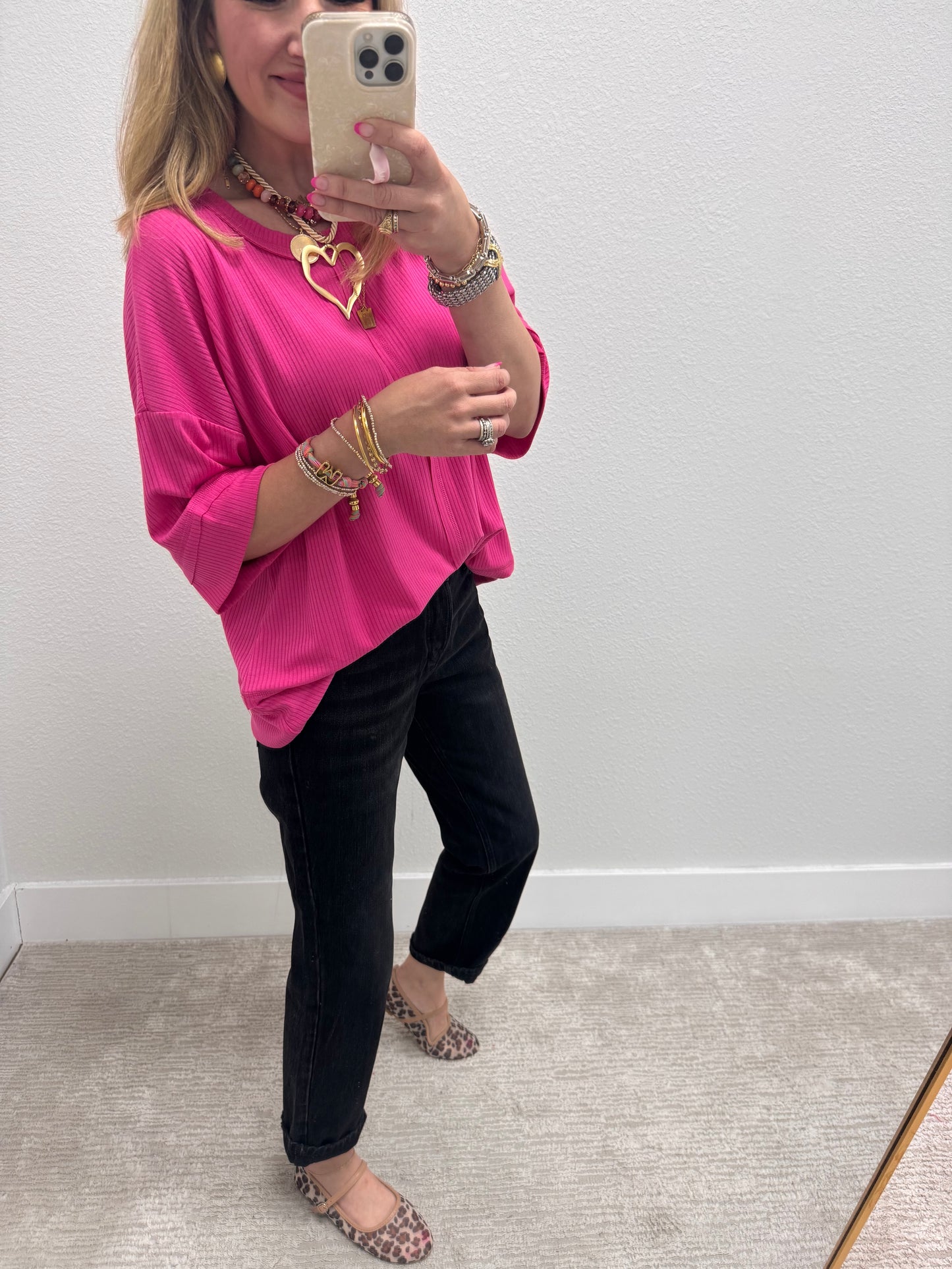 Pink Ribbed Half Sleeve Top