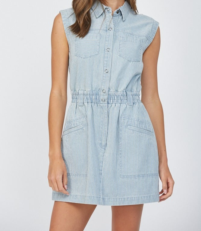 Denim Washed Patch Pocket Detail Stripe Dress
