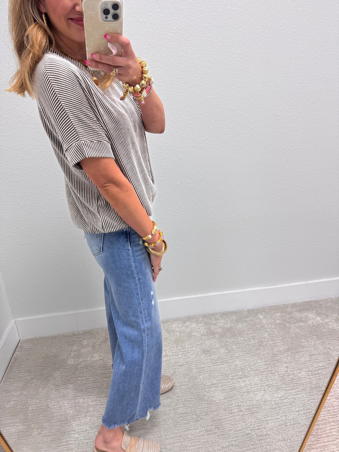Brown Ribbed Band Bottom Short Sleeve