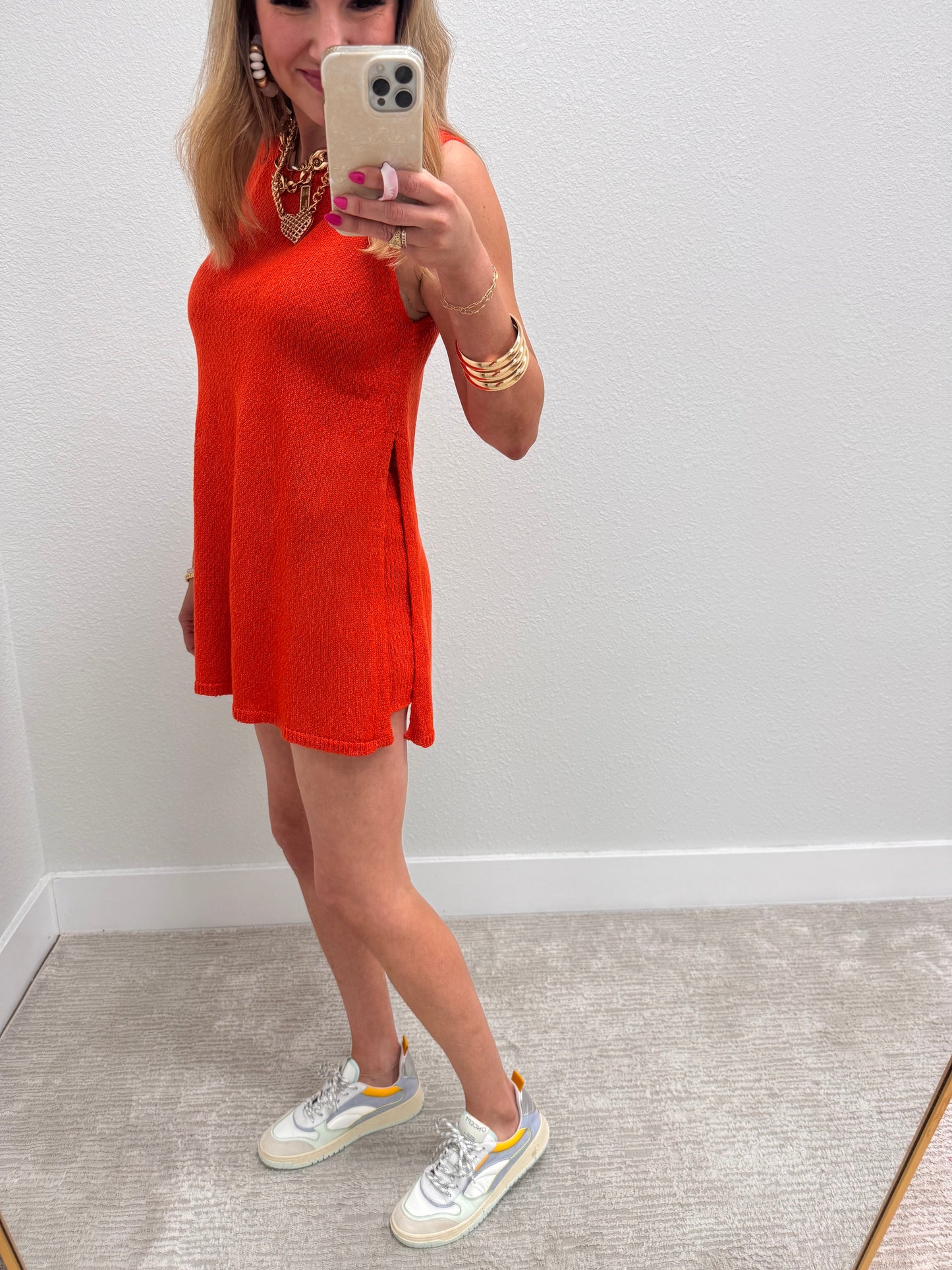 Aug11- Orange Knit side slit tank short set