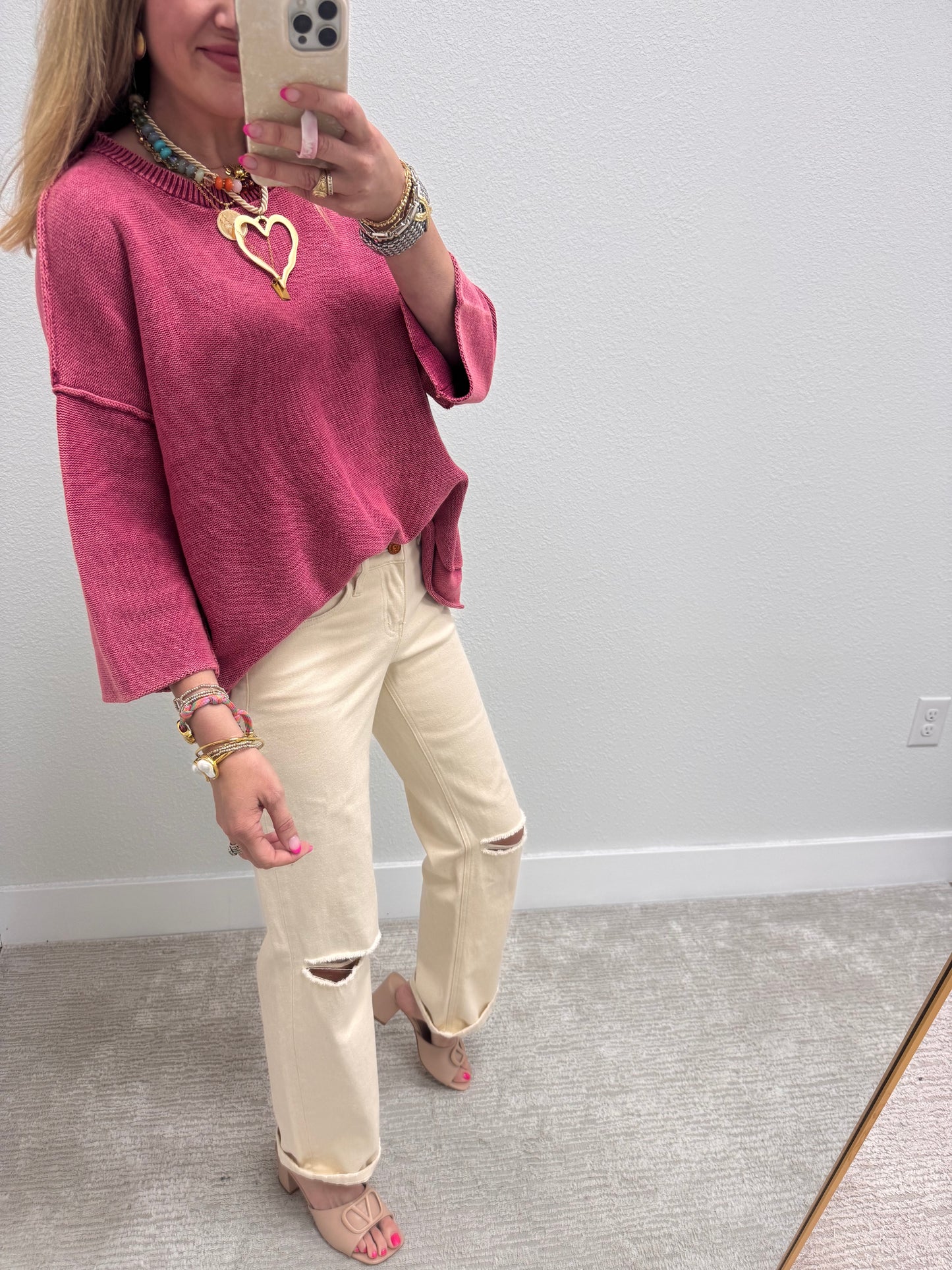 Aug18 Cabernet Washed 3/4 Sleeve Boxy Sweater