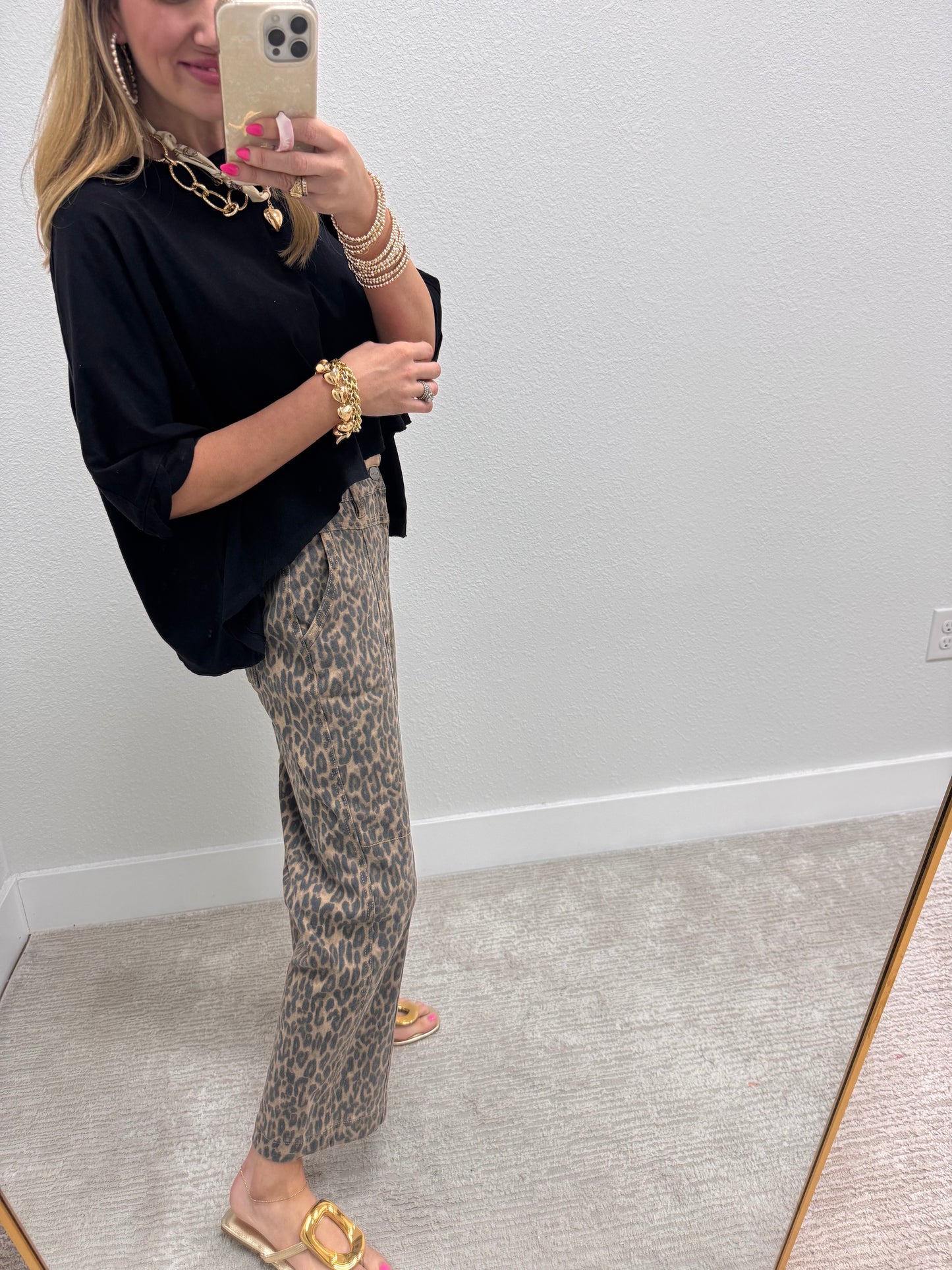 Risen Leopard Camel Mid Rise Crop Relaxed Fit Jeans
