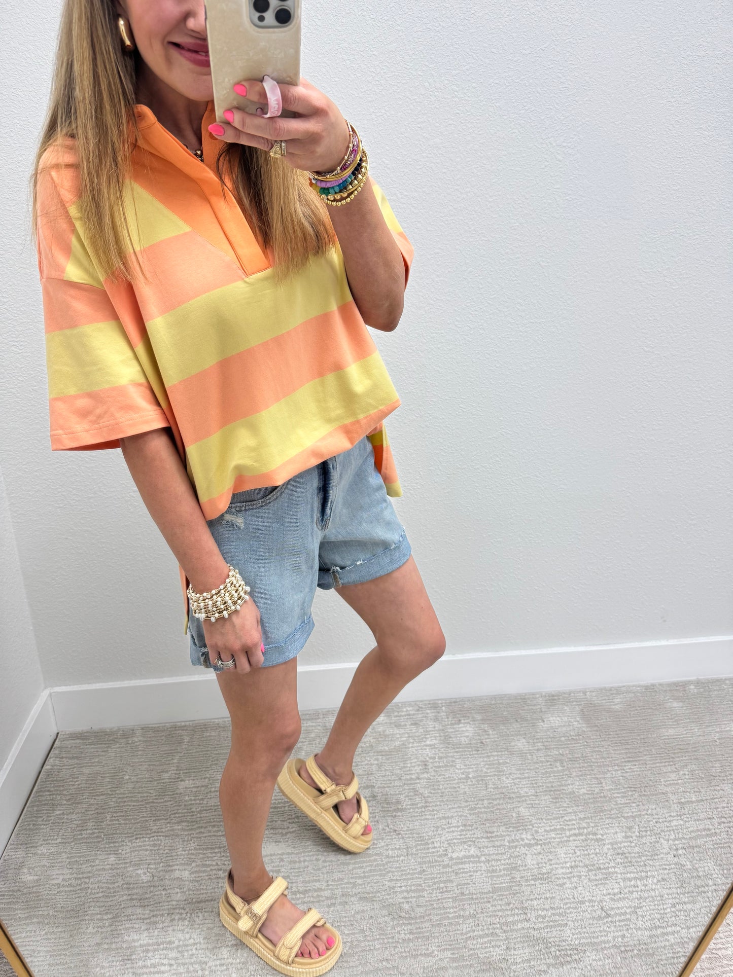 Yellow and Orange Stripe Oversized Collar Top