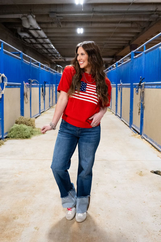 Heather Welper Collection Red America Flag Knit Top
