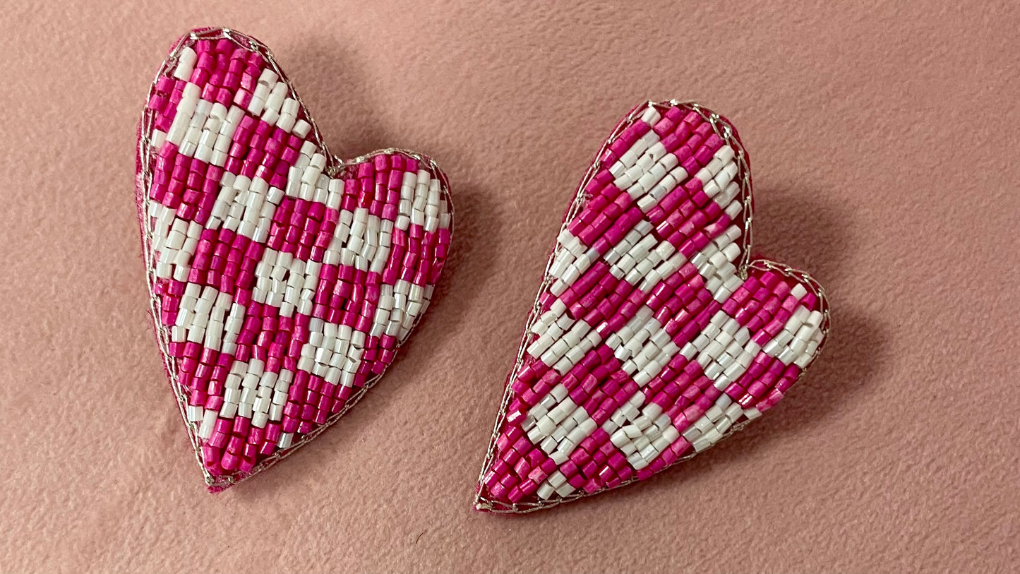 Pink and White Checkered Heart Earrings FS