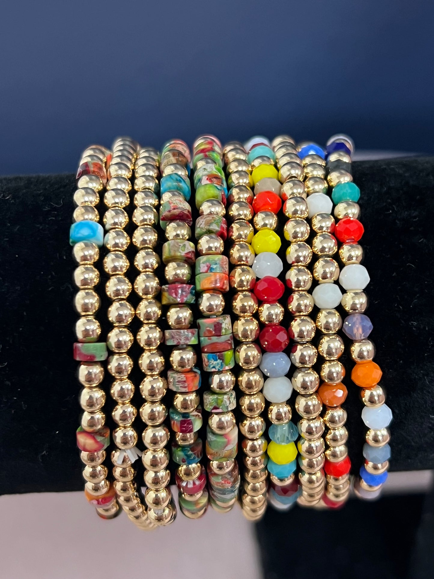 Set of 10 Gold Multi Color Beaded Bracelets