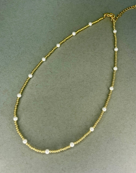 Dainty Gold Bead and Pearl Necklace