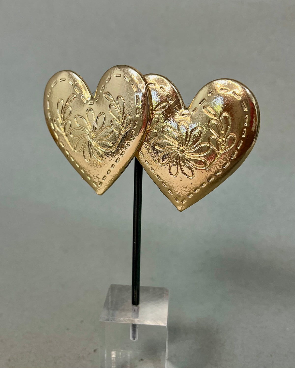 Gold Large Flat Heart Stud Earrings