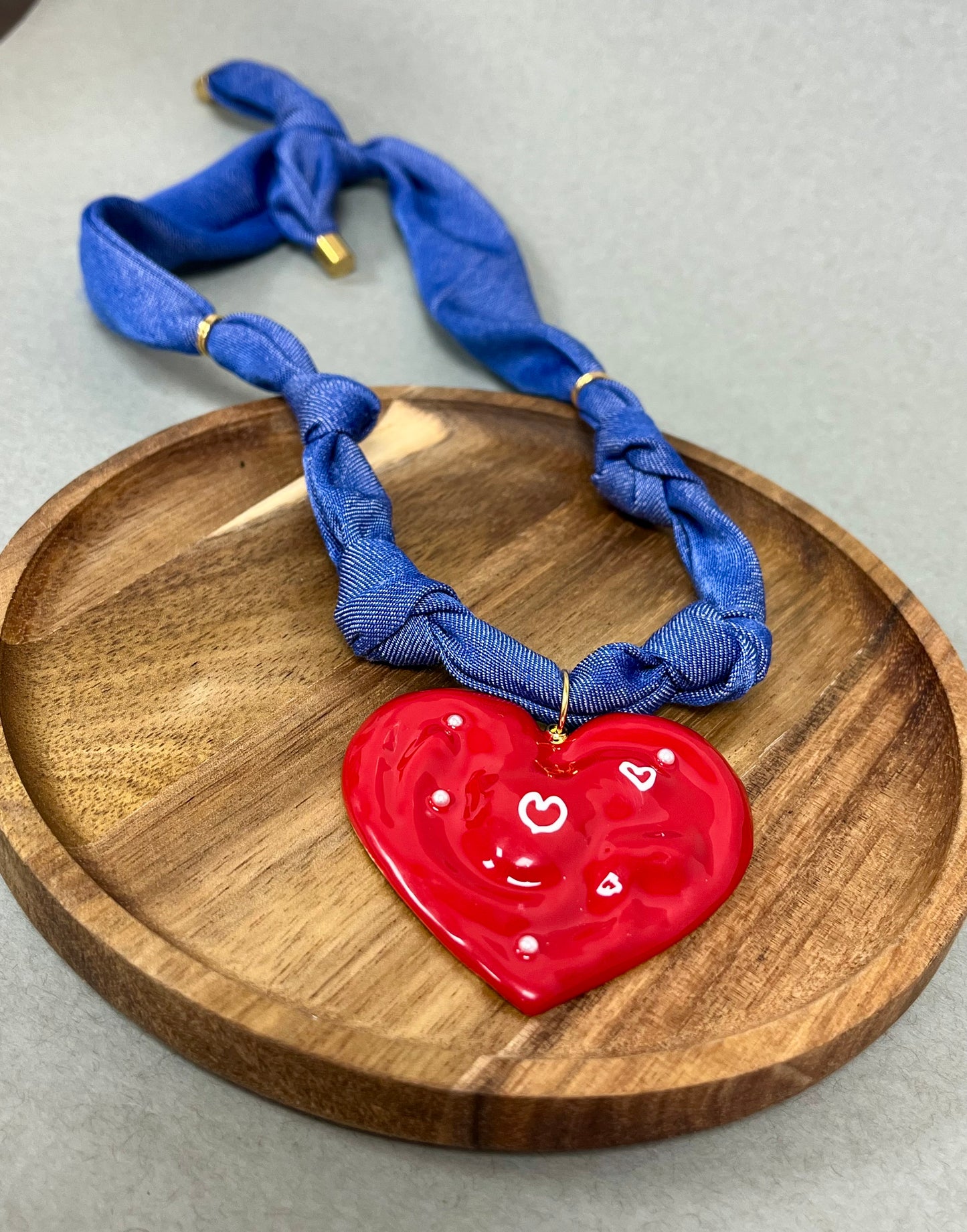 Red Heart on Denim Scarf Necklace