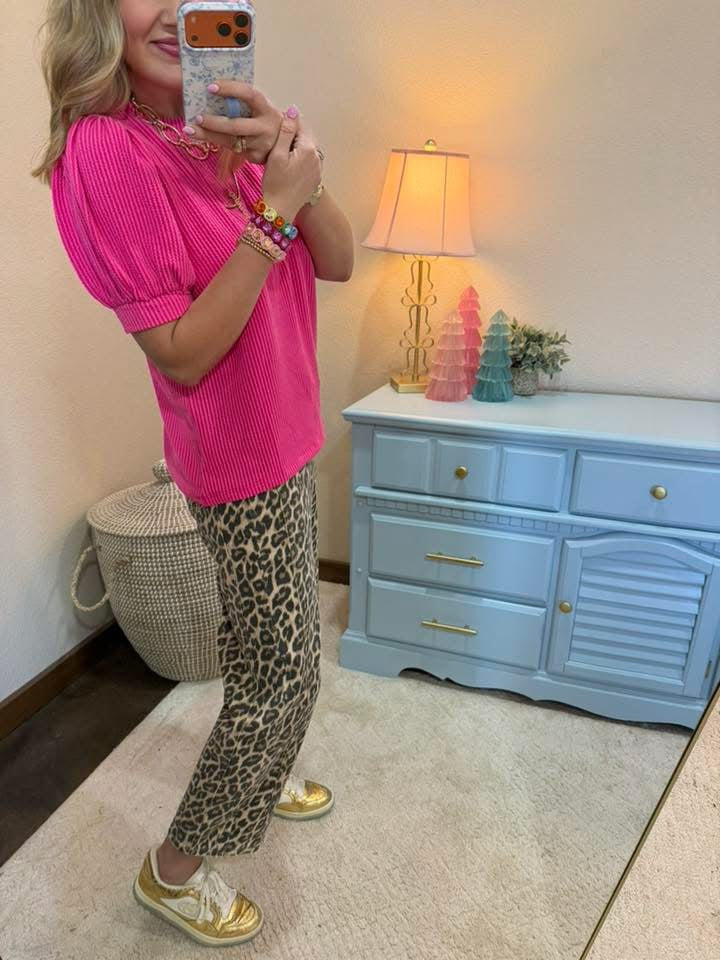 Hot Pink Raised Rib Puff Sleeve Top