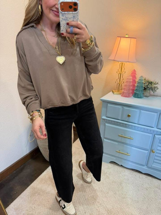 Cocoa French Terry Collared Pullover