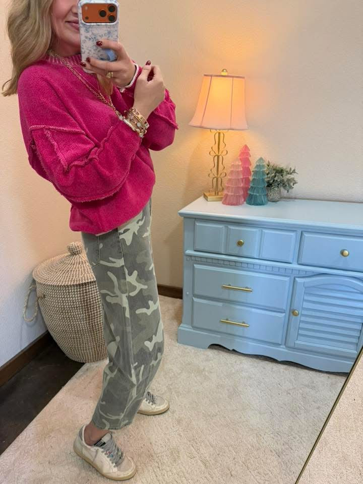 Neon Hot Pink Exposed Hem Round Neck Sweater