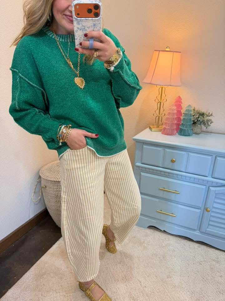 Kelly Green Exposed Hem Round Neck Sweater
