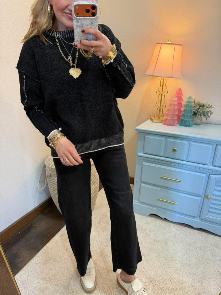 Black Exposed Hem Round Neck Sweater