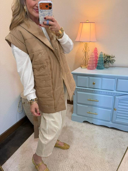 Taupe Padded Wrap Vest With Shawl Collar