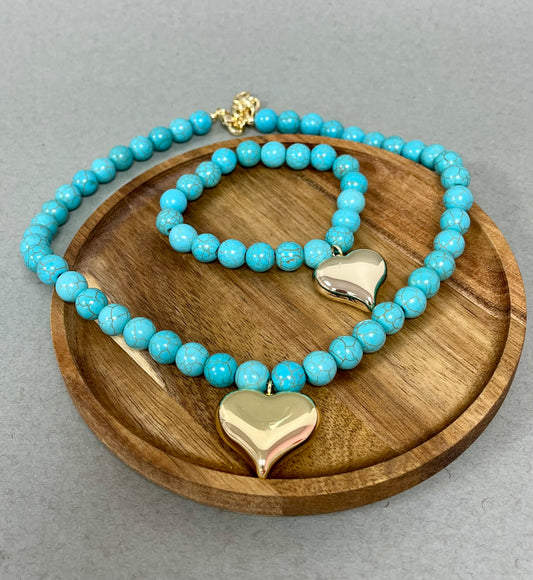 Turquoise Gold Beaded Puff Heart Necklace
