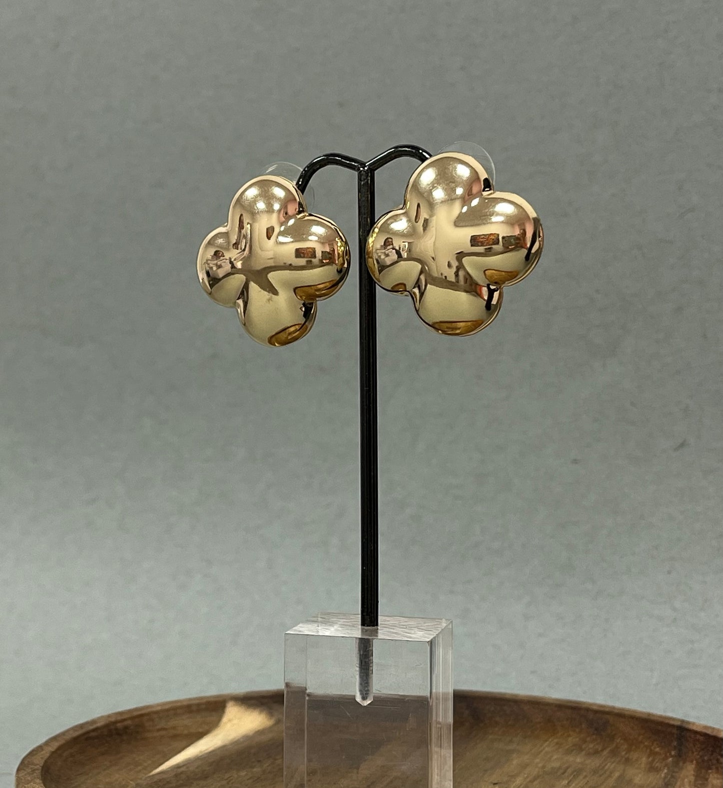 Gold Puffy Thick Clover Stud