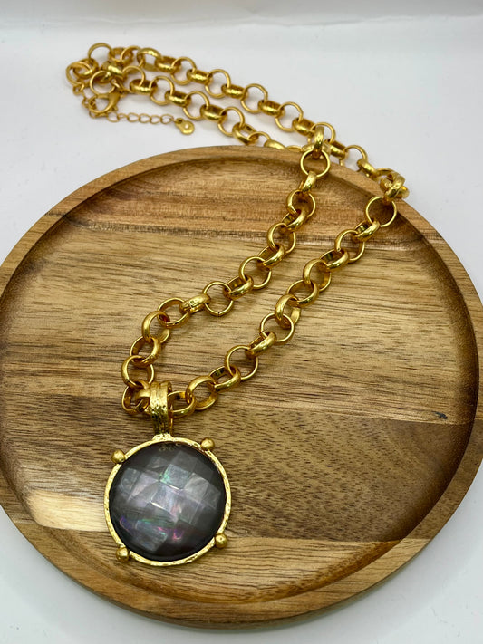 Smoky Gray Antique Round Stone Pendant Necklace