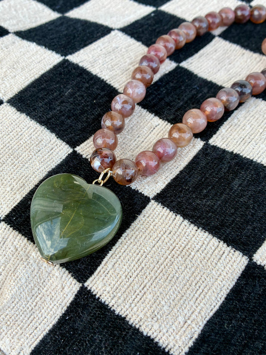 Brown Beaded with Green Stone Heart- Final Sale
