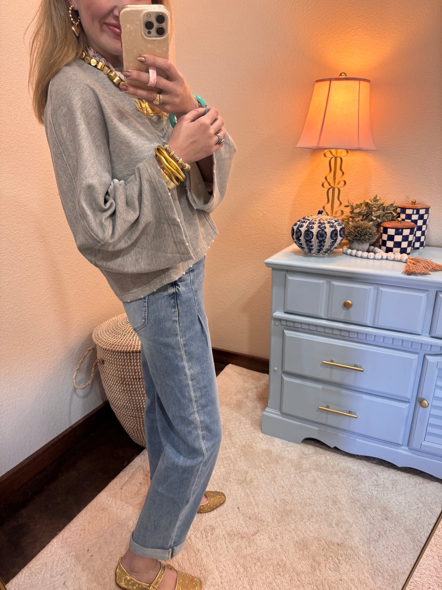 Heather Gray Bell Sleeve Raw Hem Top