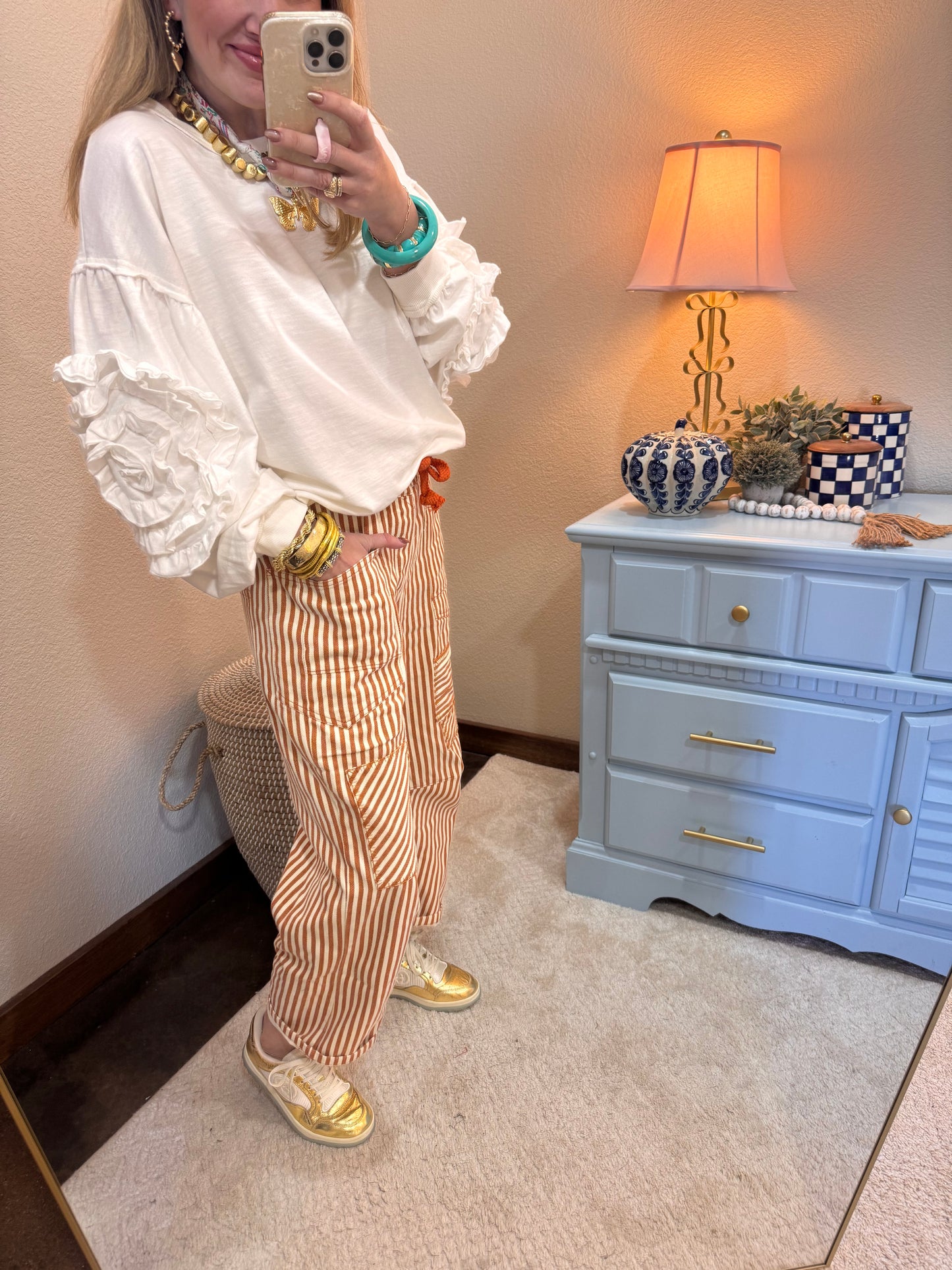 Rust Striped Twill Barrel Pants