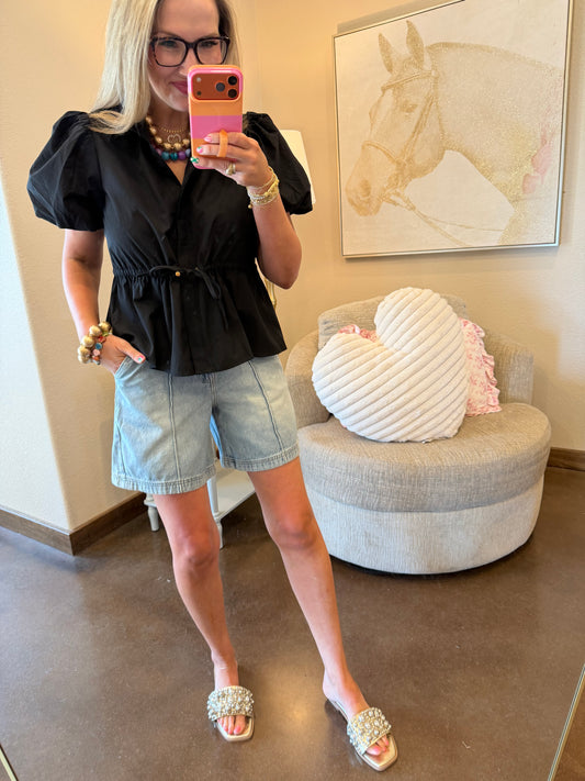 Black Puff Sleeve Cinched Waist Top