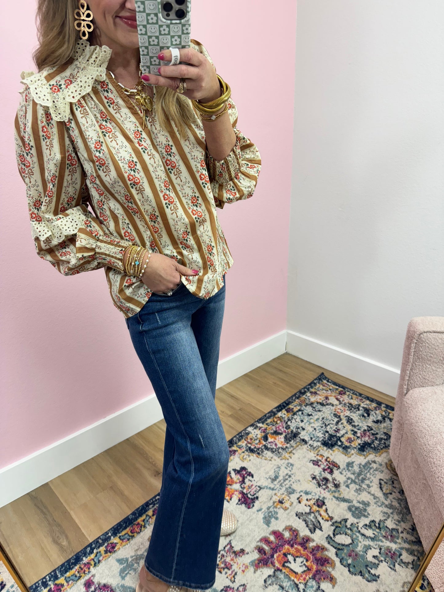 Mustard and Cream Eyelet Neck Top