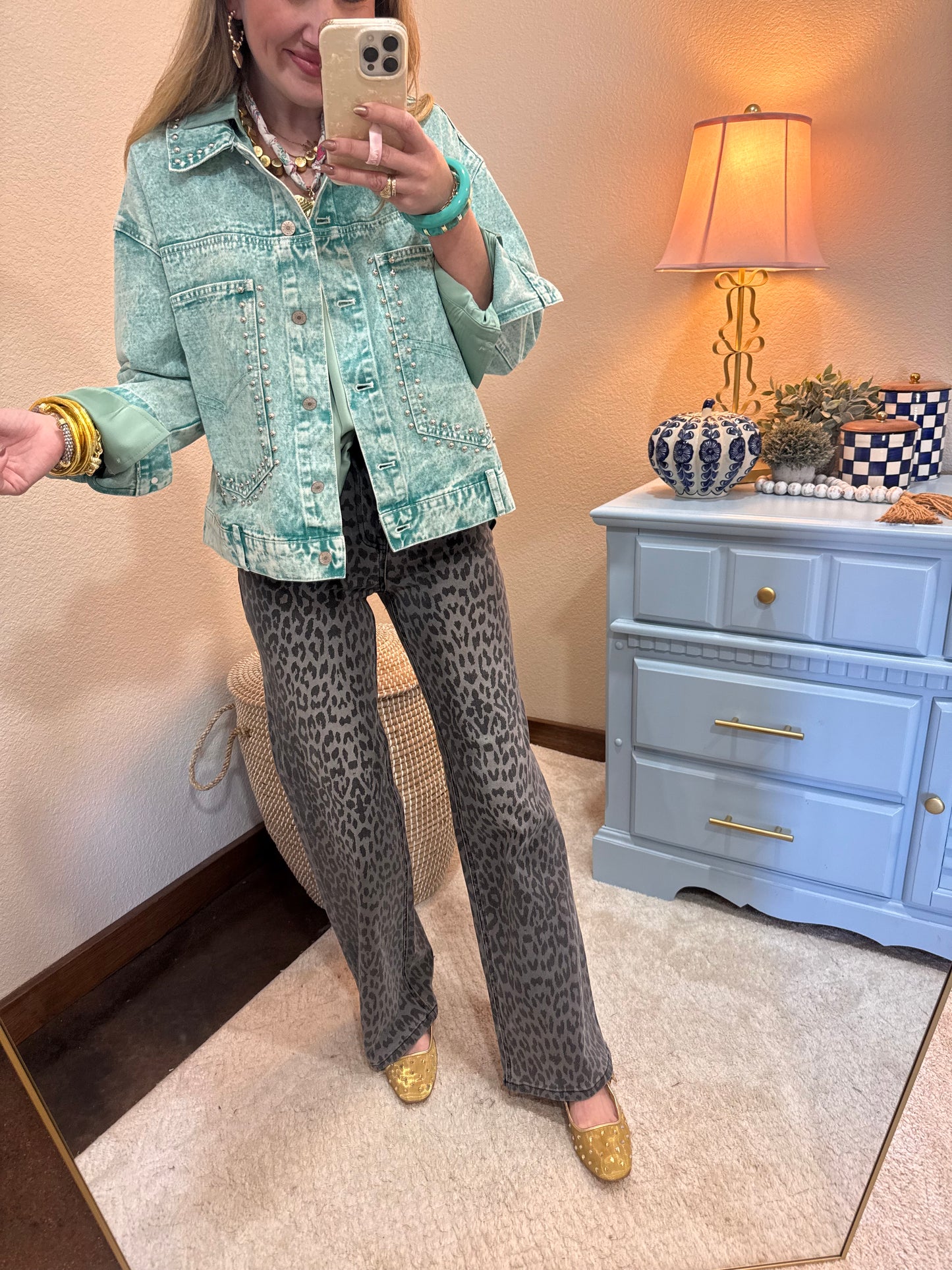 Turquoise Denim Washed Jacket With Stud Detailing