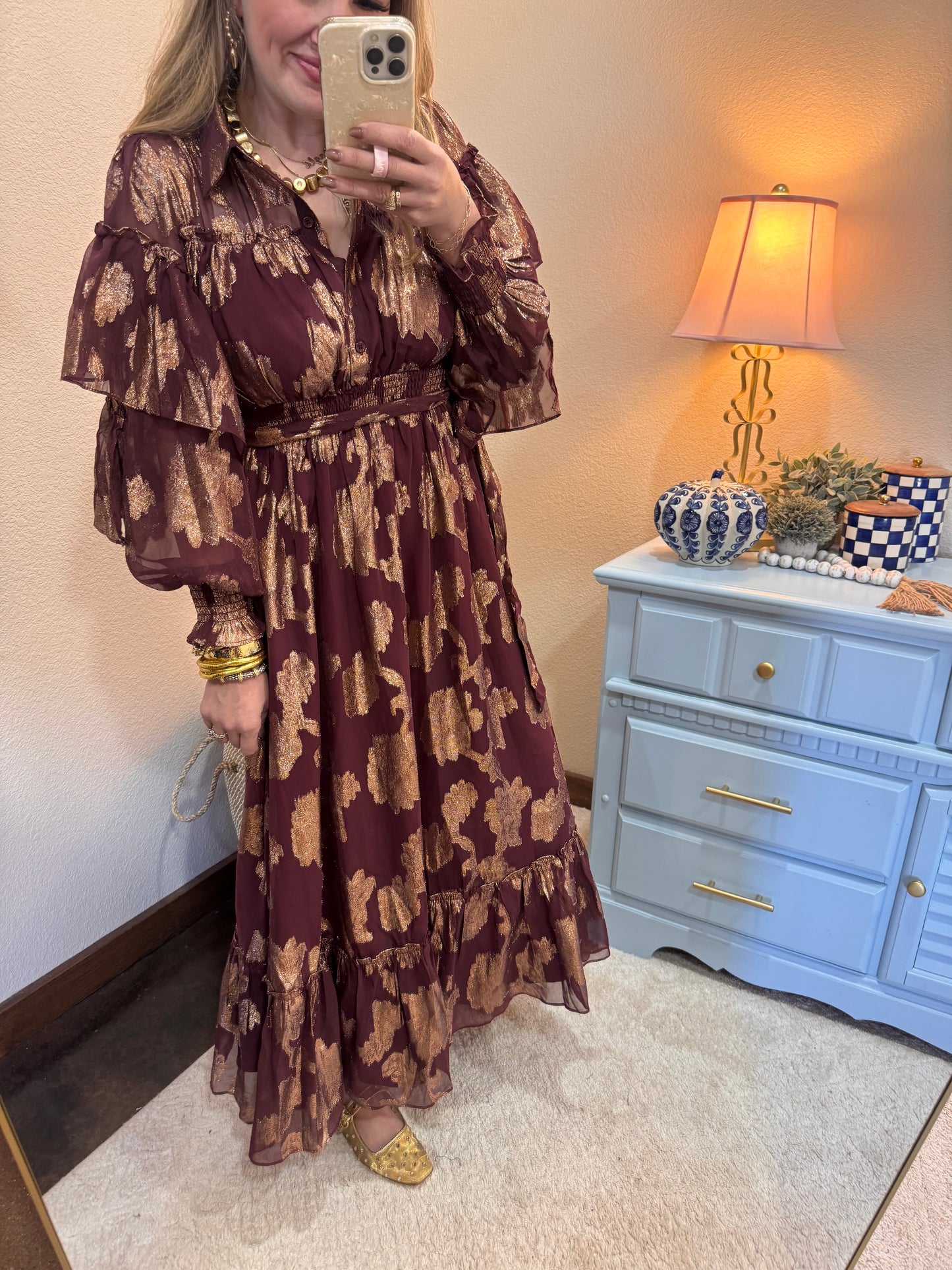 Metallic Floral Chifon Ruffle Detail Tie Waist Dress