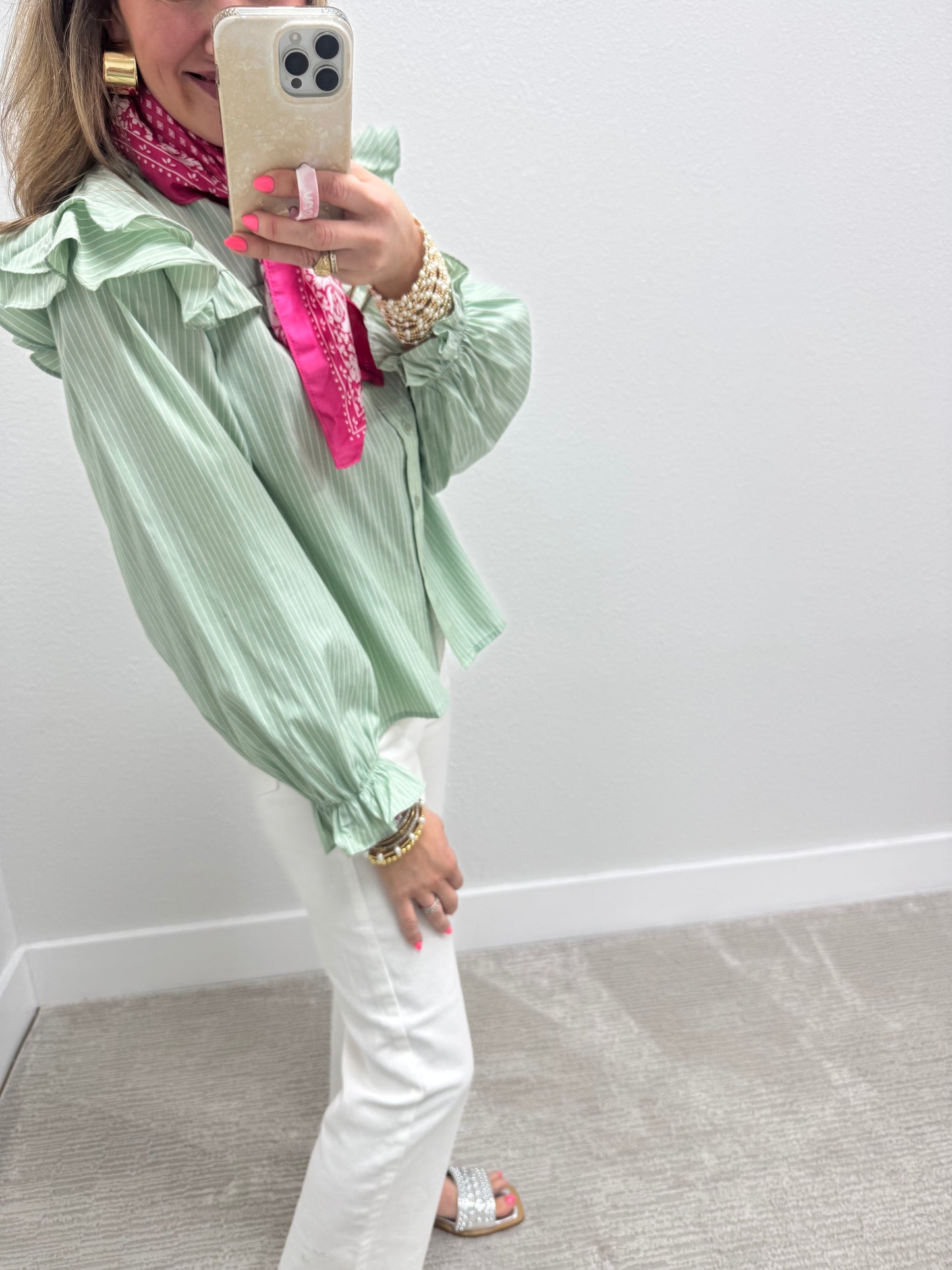 Sage and Cream Striped Flutter Sleeve Top