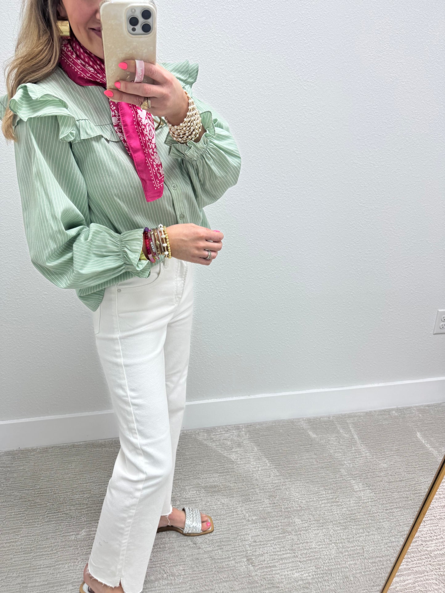 Sage and Cream Striped Flutter Sleeve Top