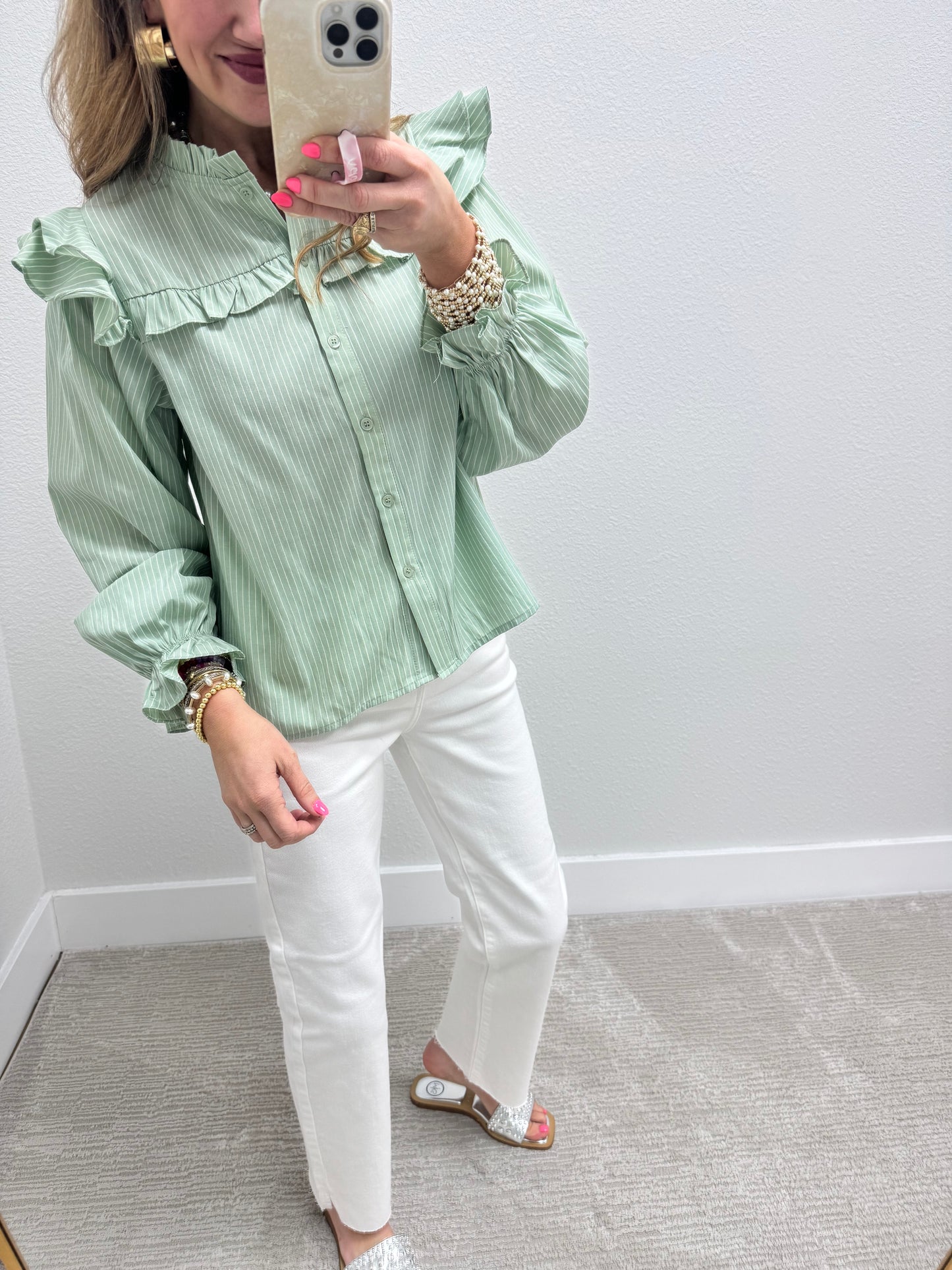 Sage and Cream Striped Flutter Sleeve Top