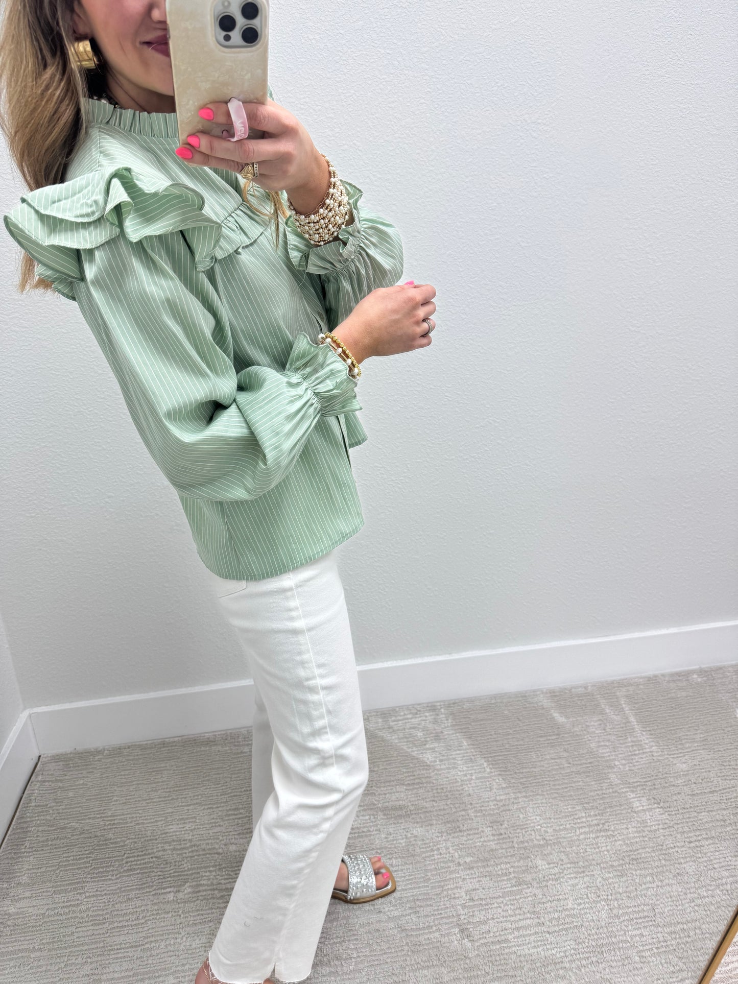 Sage and Cream Striped Flutter Sleeve Top