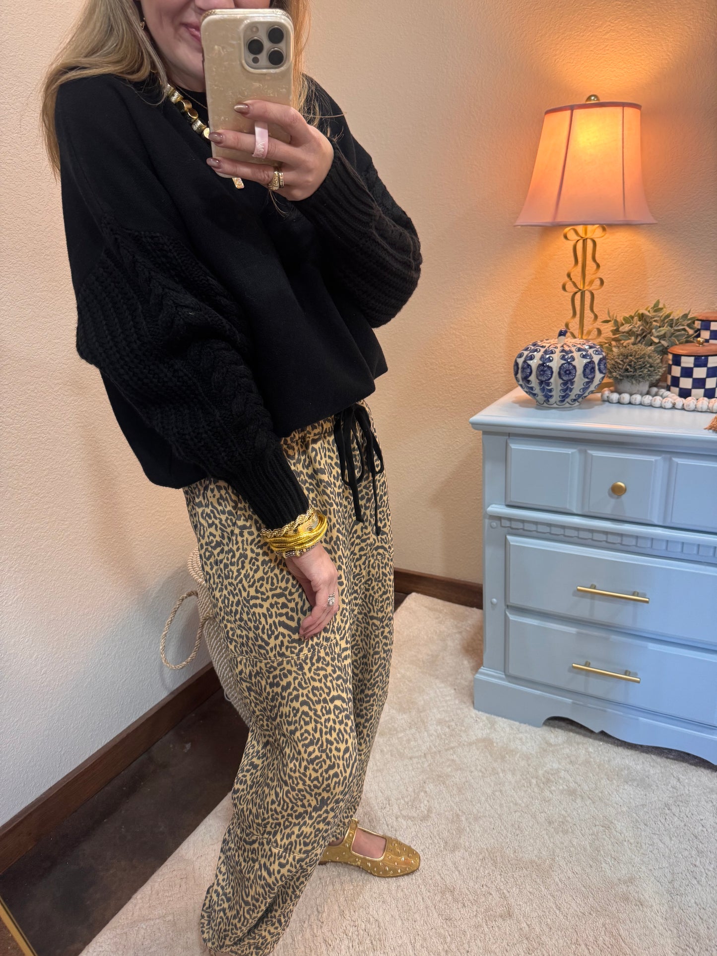 Black Cable Knit Sleeve Round Neck Sweater