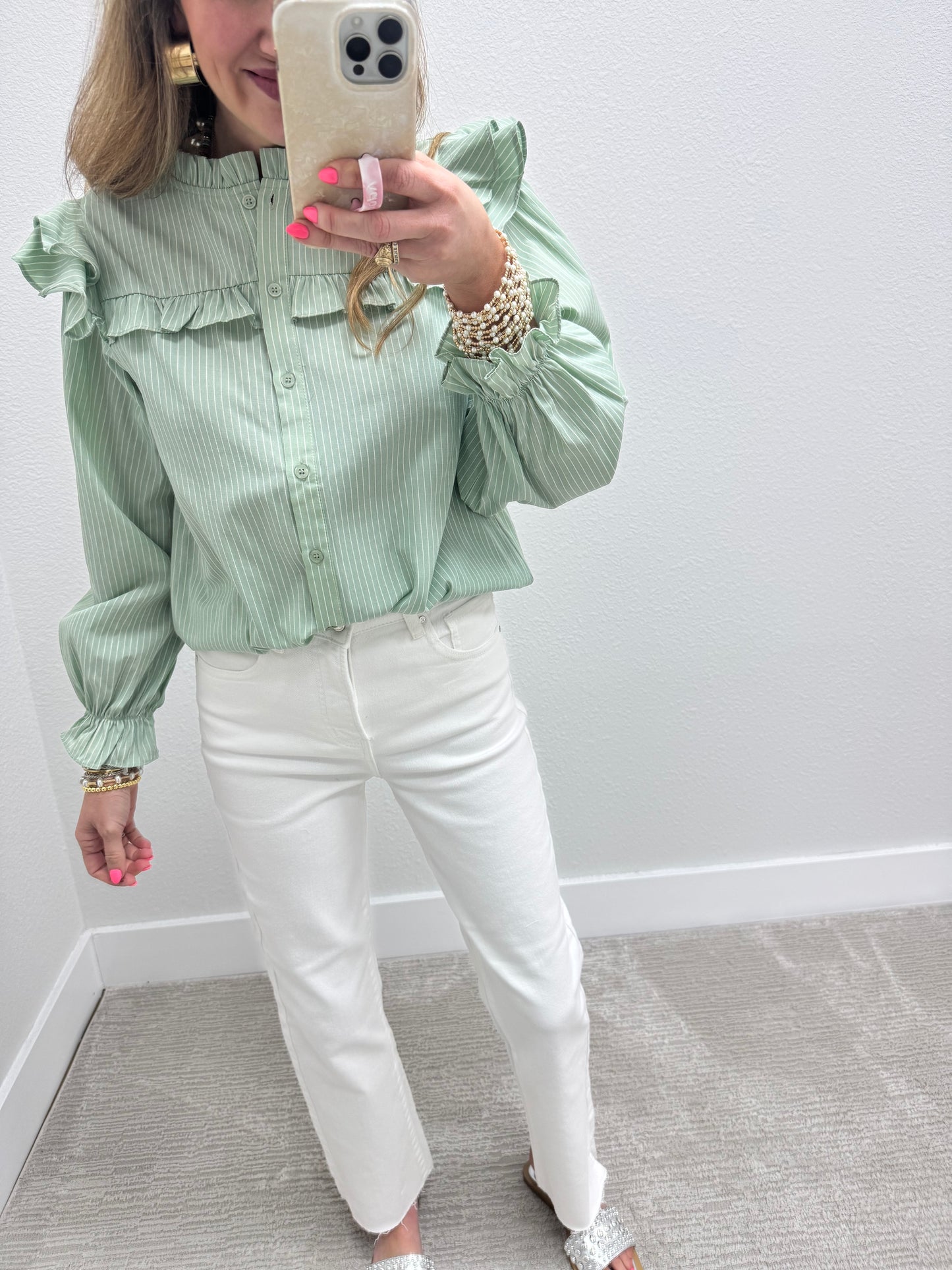 Sage and Cream Striped Flutter Sleeve Top