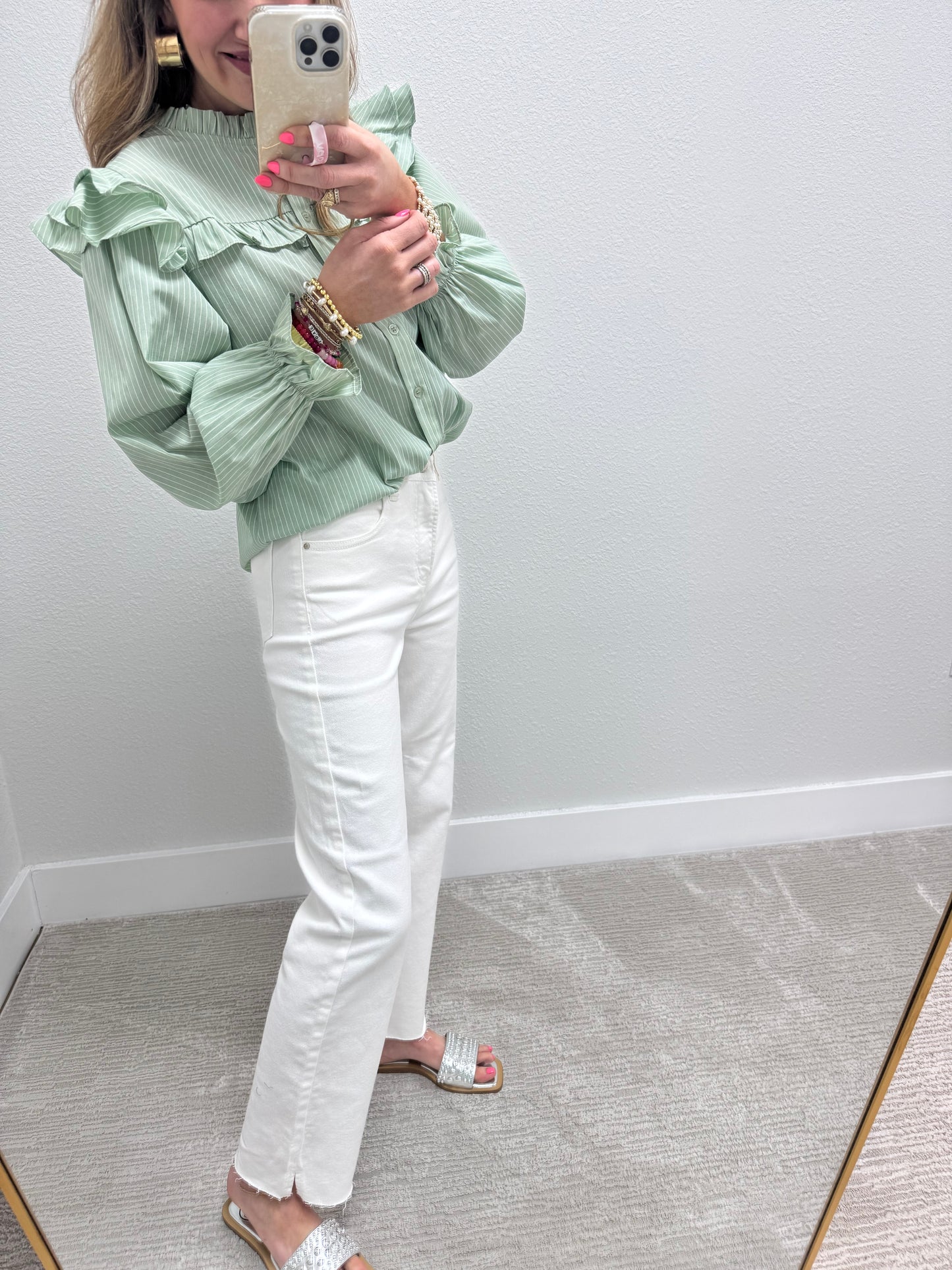 Sage and Cream Striped Flutter Sleeve Top