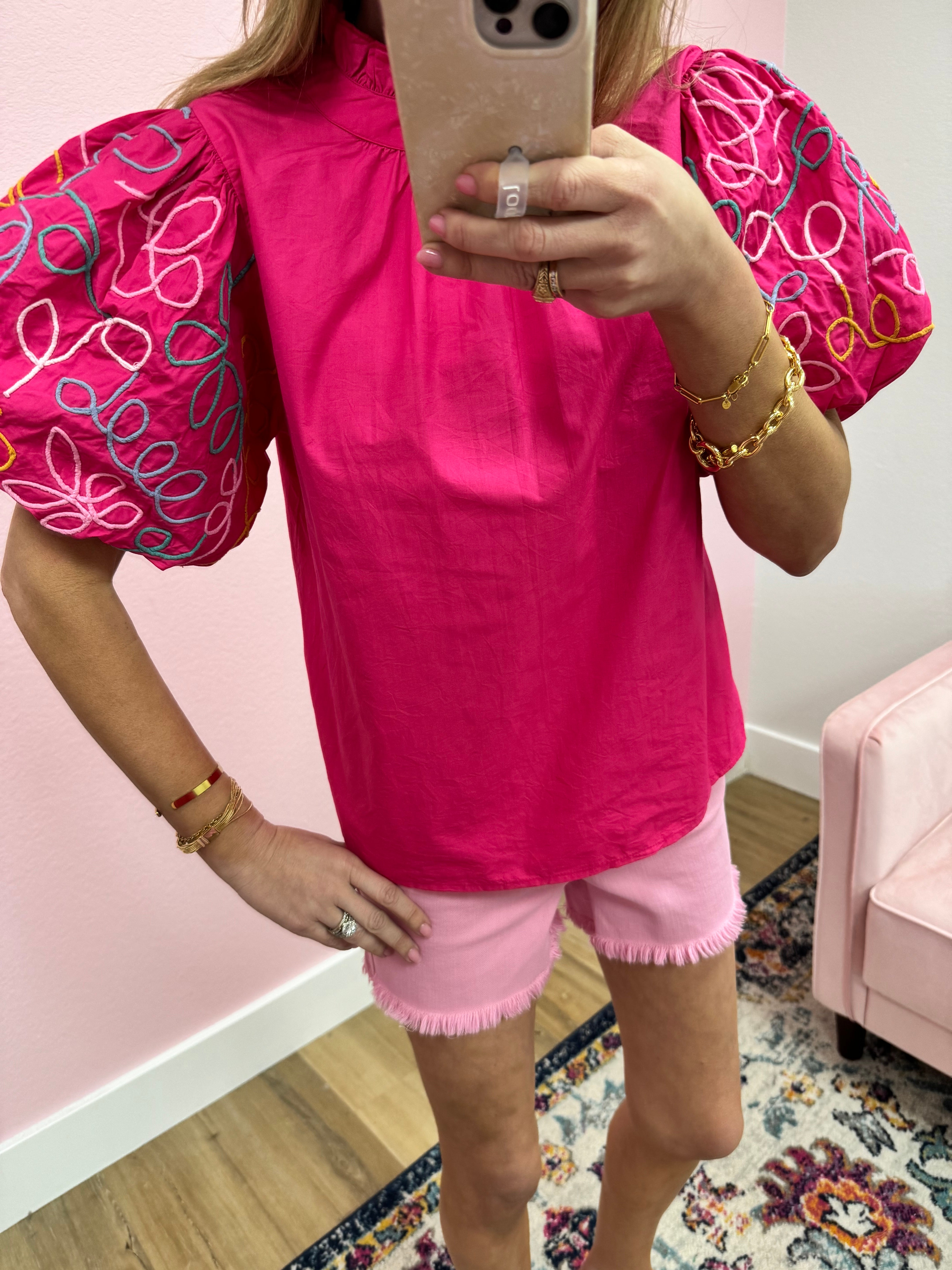THML Pink Embroidered Sleeve Top