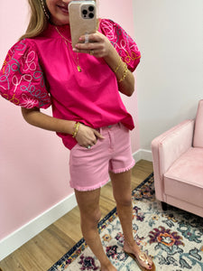THML Pink Embroidered Sleeve Top