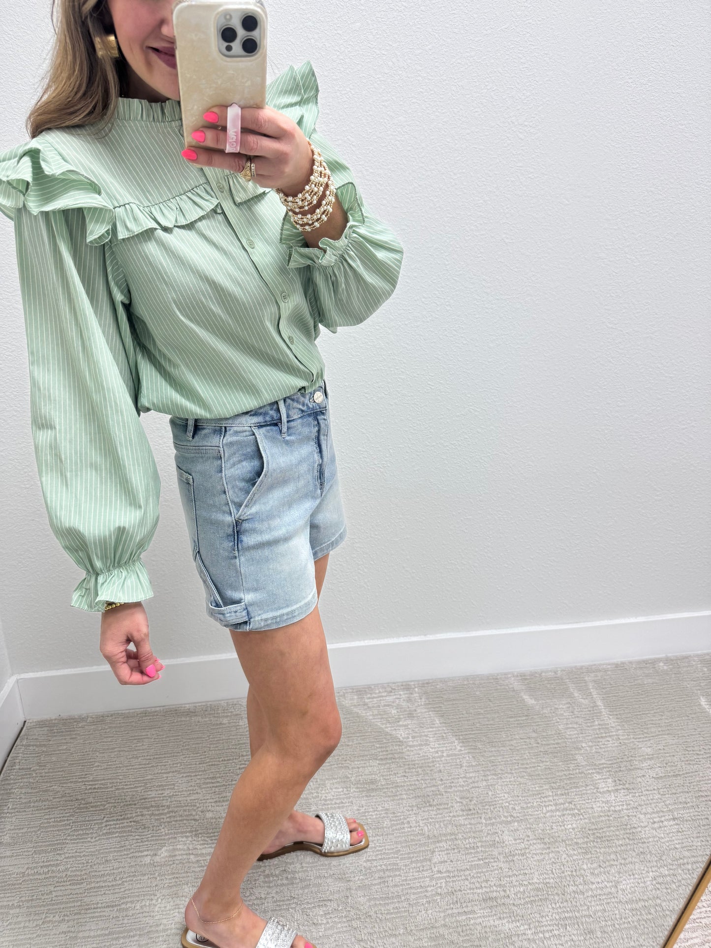 Sage and Cream Striped Flutter Sleeve Top