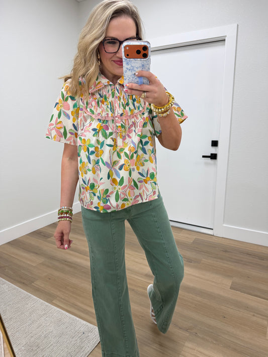 Peach Half Placket Collar Top With Trim & Smocked Detail
