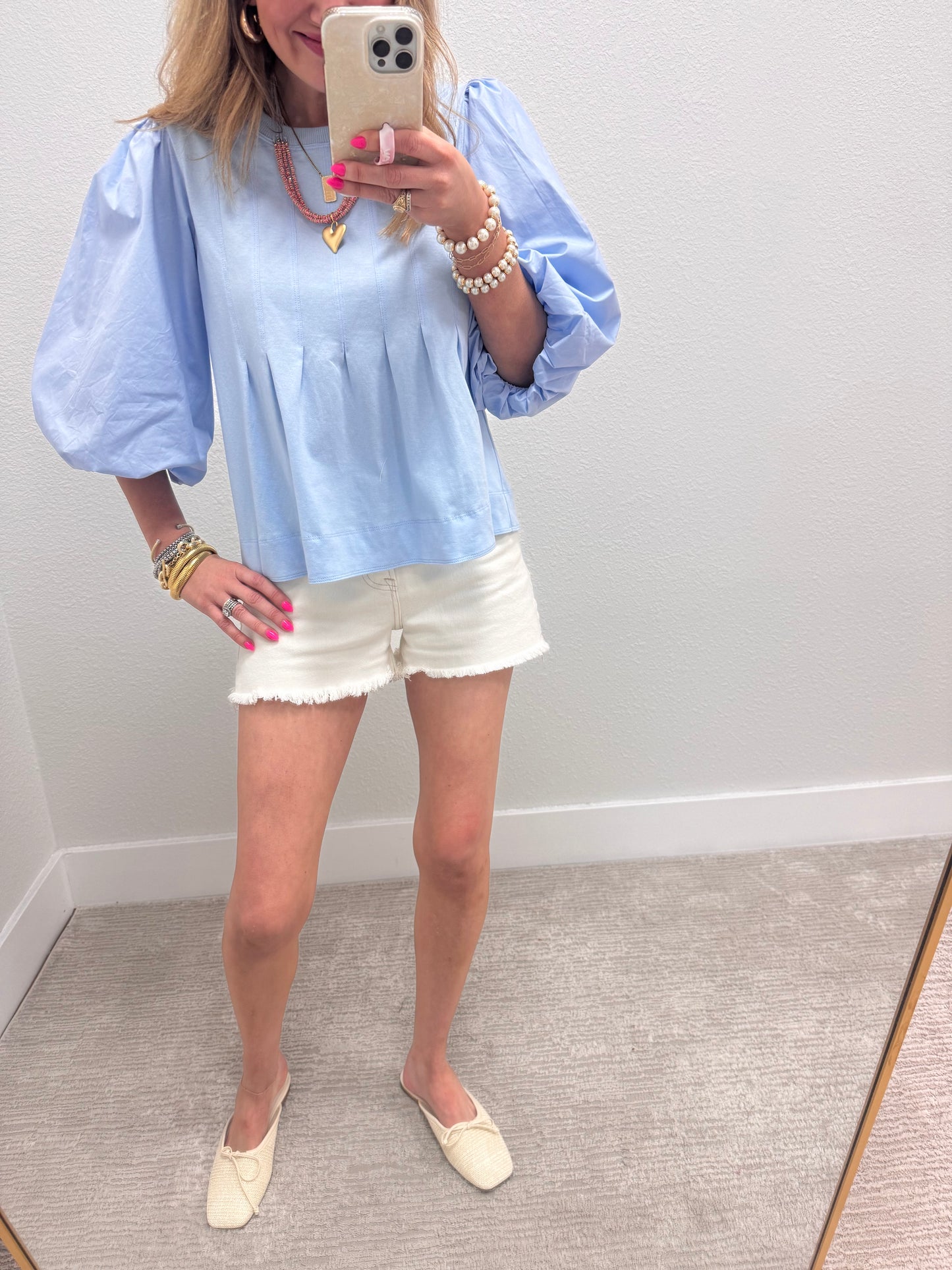 Baby Blue Pleated Puff Sleeve Top