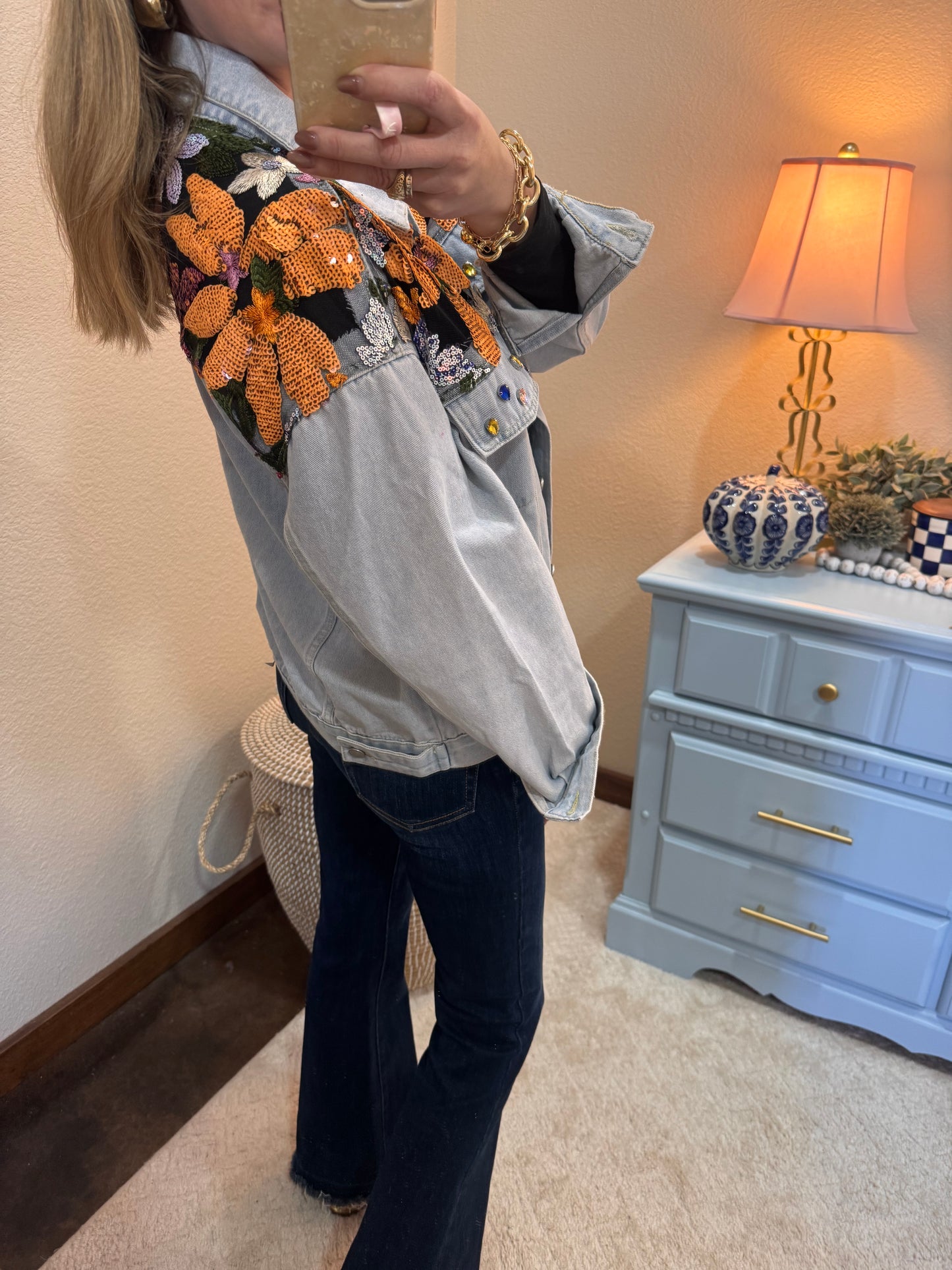 Light Wash Denim Jacket With Sequin Floral Detail