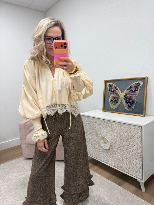 Cream Lace Puff Sleeve Blouse