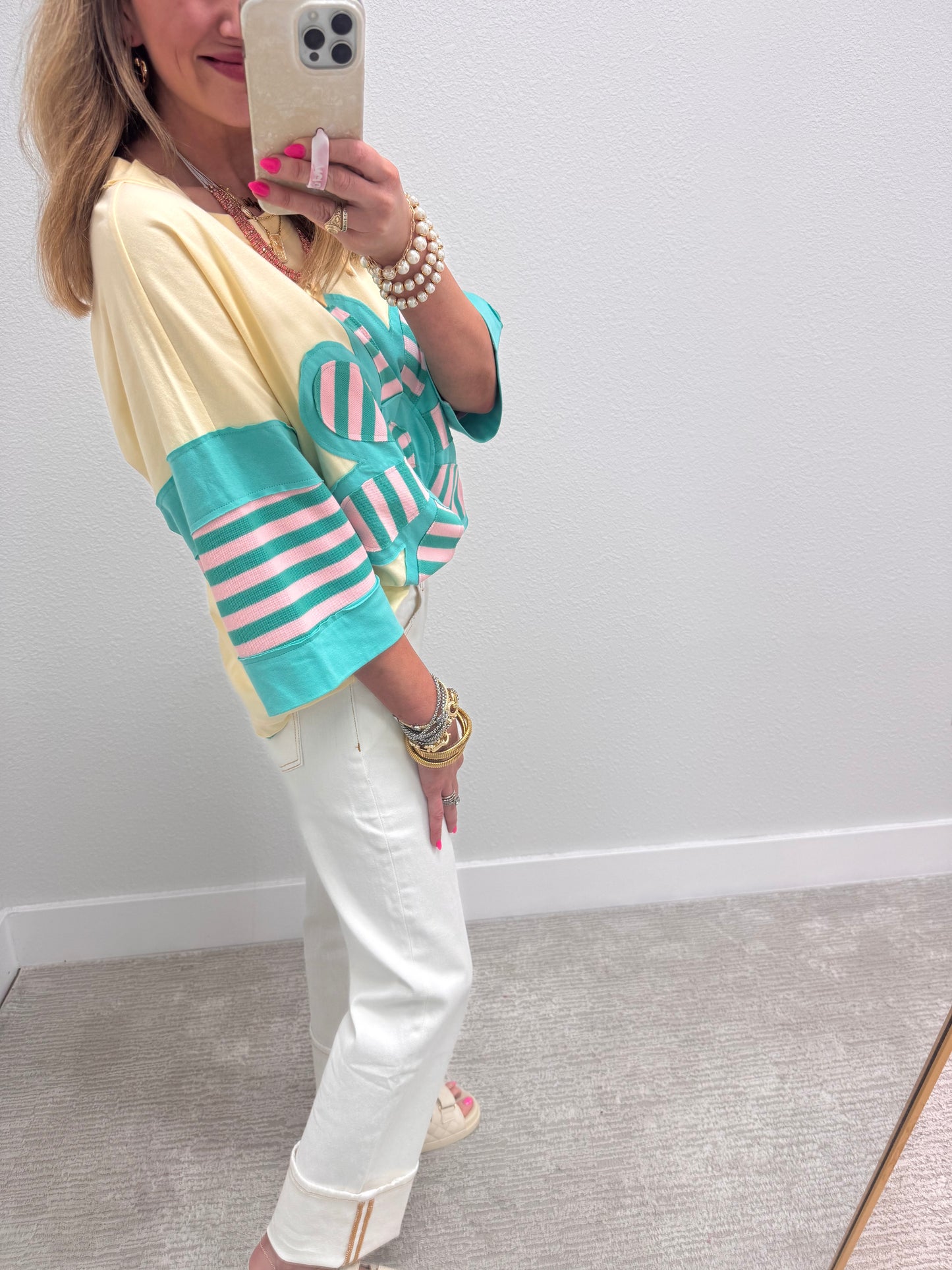 Ivory & Jade Stripe Flower Patchwork Top
