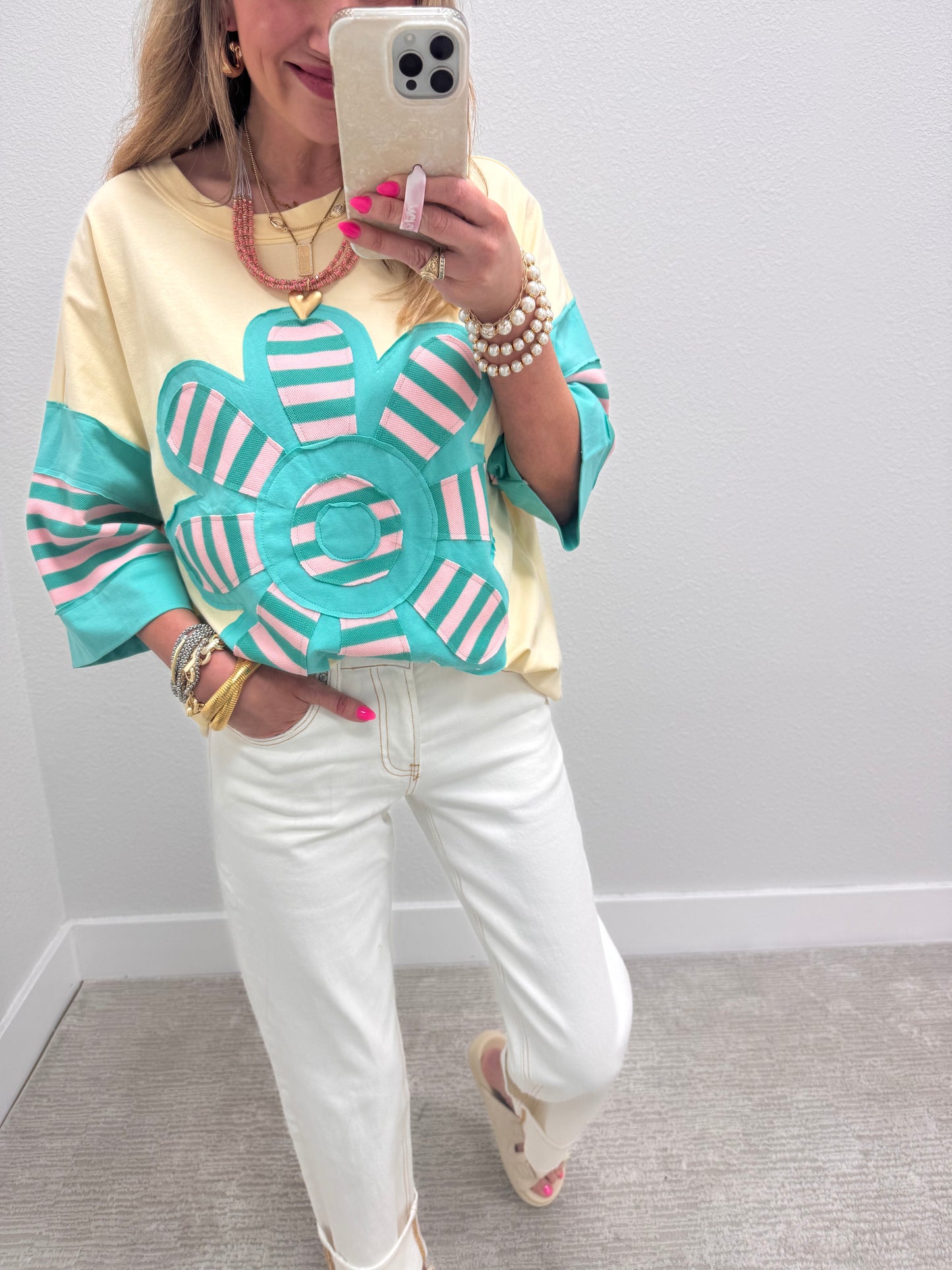 Ivory & Jade Stripe Flower Patchwork Top