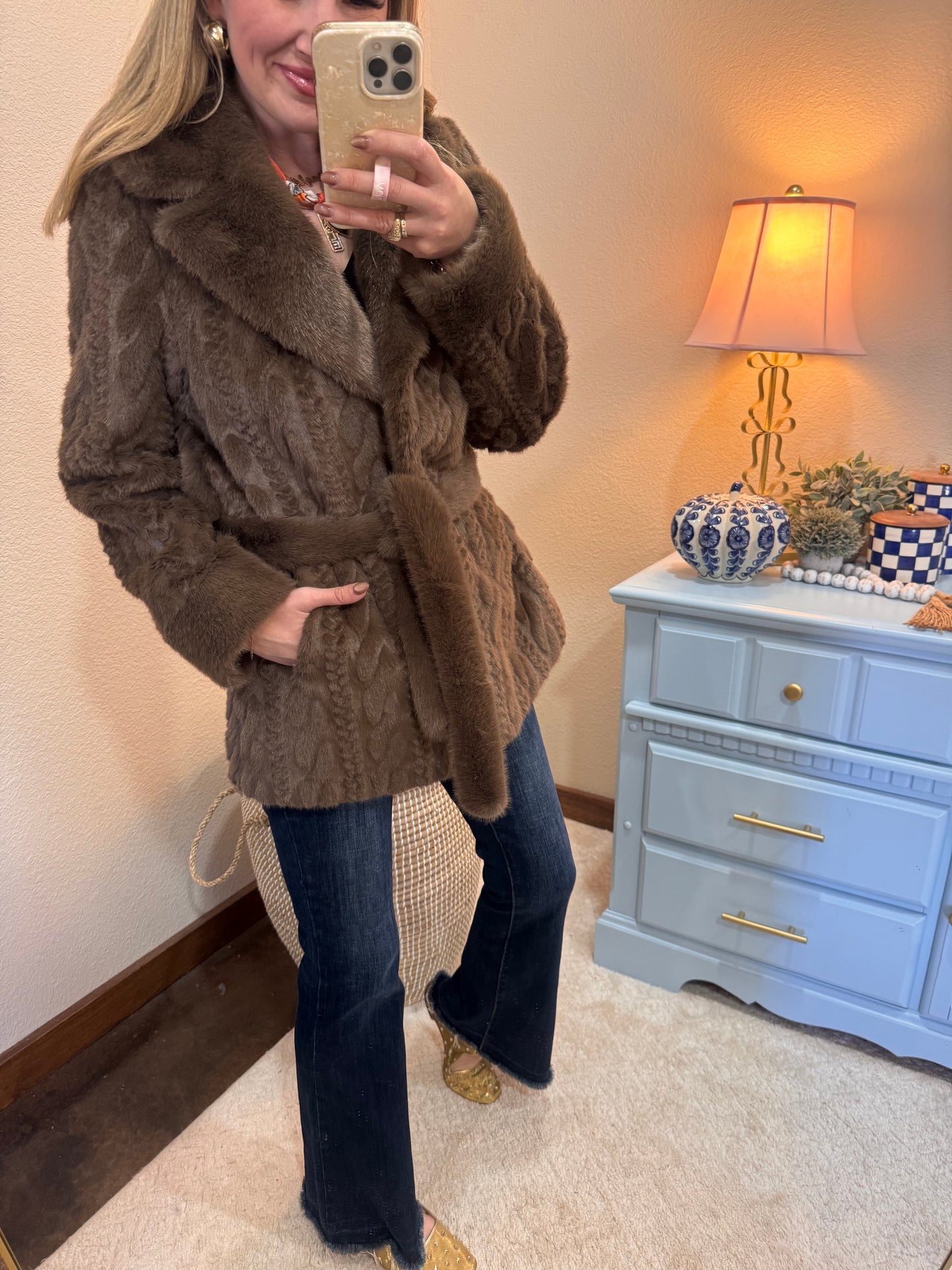 Brown Textured Faux Fur Belted Coat