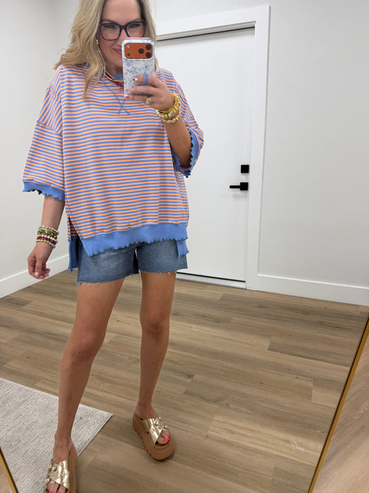 Blue Orange Candy Stripe Lettuce Edge Sweatshirt Top