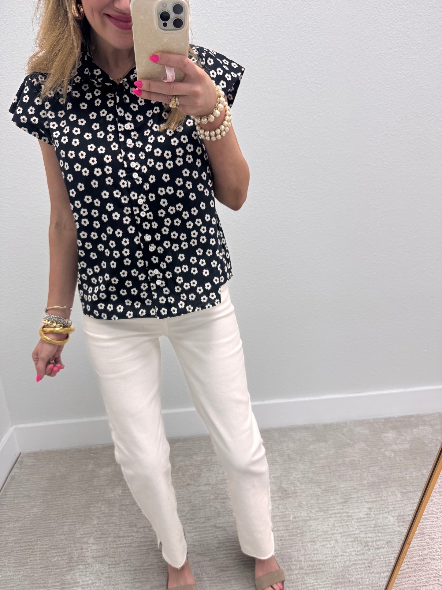 Black and White Flower Button Top