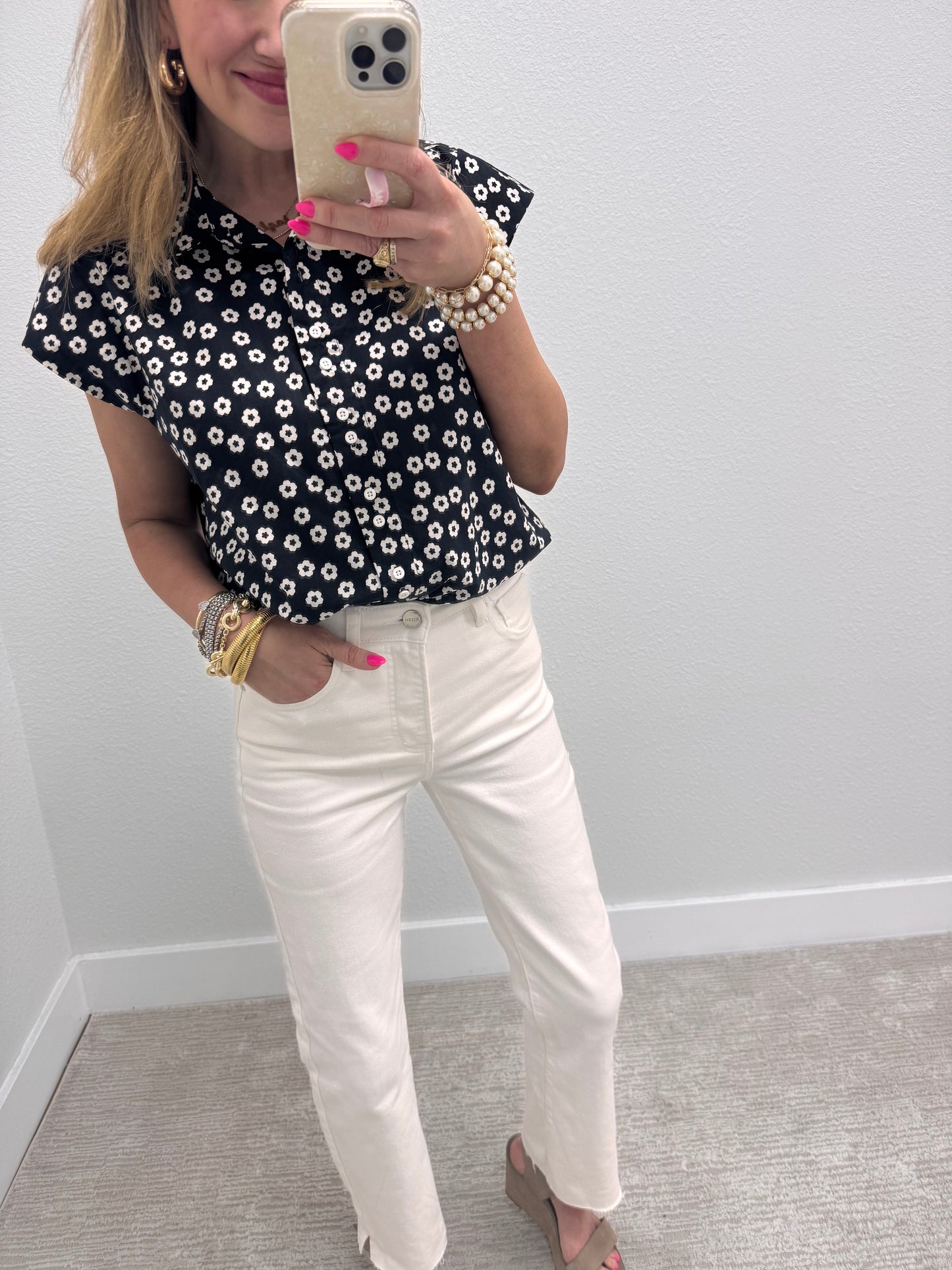 Black and White Flower Button Top